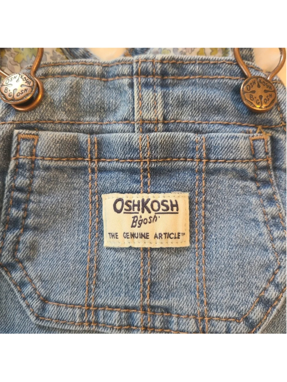 OshKosh B'gosh Denim Bib Overall Girls 9M Blue With Floral Leg Cuffs Trim Jean